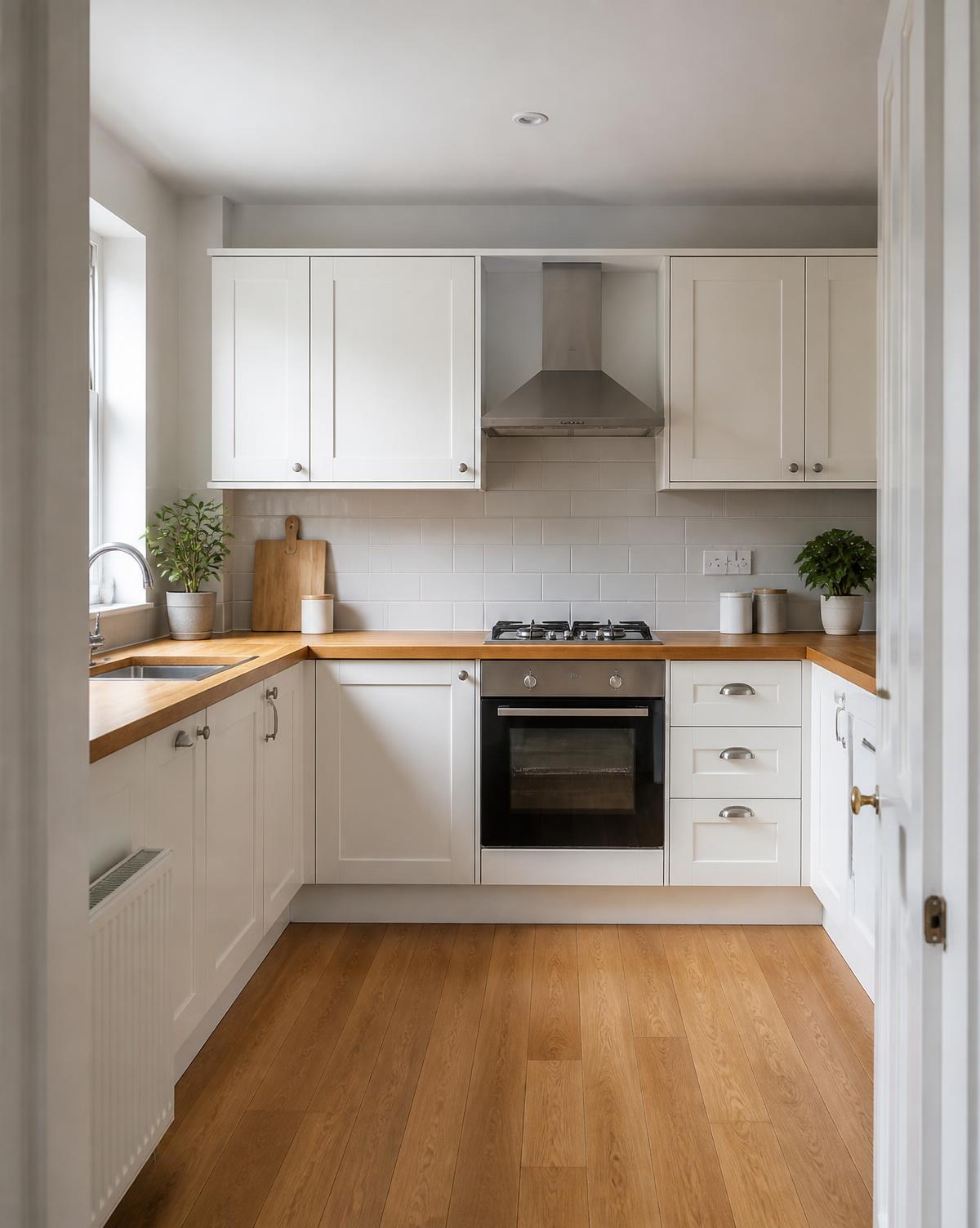 A bright rental kitchen with a wooden counter and a deep sink